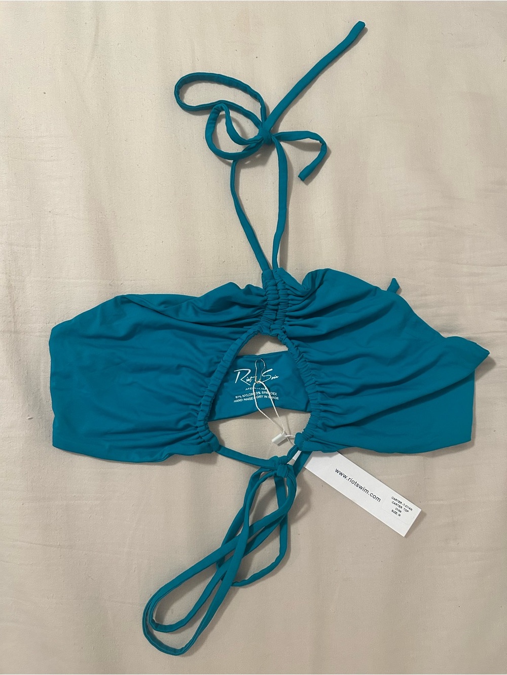 Riot Swim Carter Ruched Halter Bikini Top in Cyan - SIZE MEDIUM